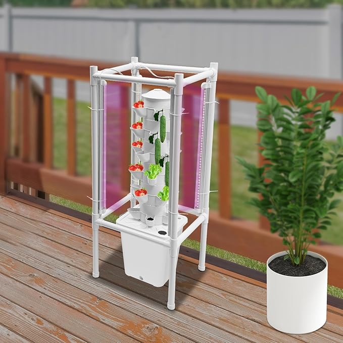 Hydroponics Vertical Growing Kit 6 Tier 30 Plant Indoor Garden System with LED Grow Lights and Automatic Water Pump Soilless Planter for Herbs Vegetables Strawberries (White)