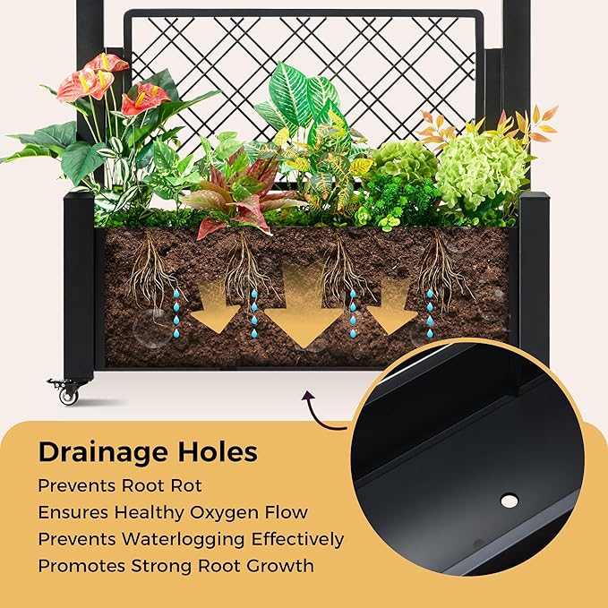 Metal Raised Garden Bed with Trellis 72Hx46Wx16D Inch Large Outdoor Planter Box for Climbing Plants Vegetables &amp Vines Privacy Screen with Wheels and Drainage Holes Black