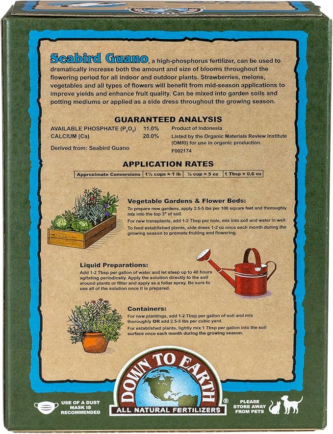 Down To Earth All Natural Fertilizers Organic Seabird Guano - High Phosphorus Plant Food for Buds Blooms Flowers 0-11-0 5 lb