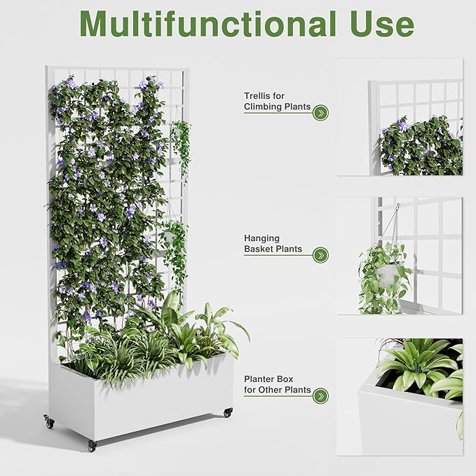 Casaphoria Metal Raised Garden Bed with Trellis and Wheels 72x35x16 Planter Box for Climbing Plants Vegetables &amp Vines Features Drainage Holes and Privacy Screen (White-Grid)