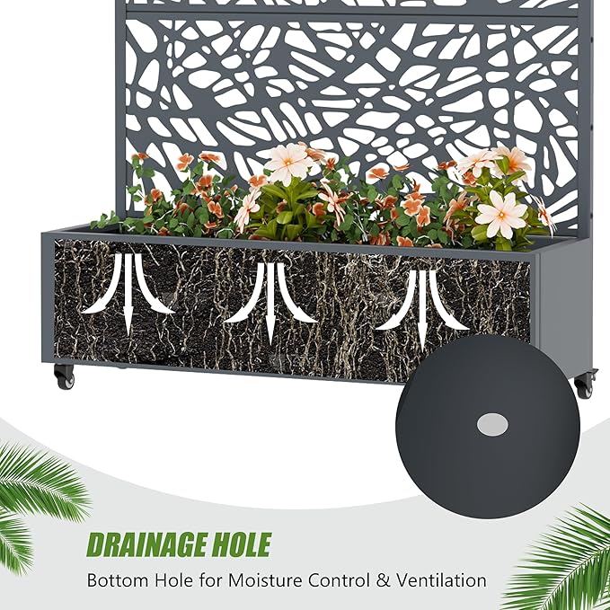 Casaphoria Metal Raised Garden Bed with Trellis and Wheels 72x47x16 Planter Box for Climbing Plants Vegetables &amp Vines Features Drainage Holes and Privacy Screen Drakgrey-Net