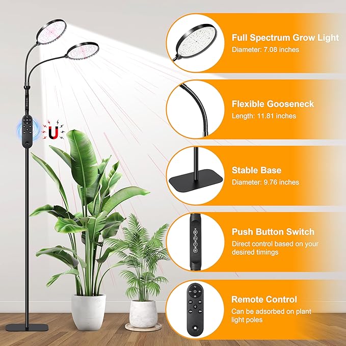 Plant Light for Indoor Plants Red &ampWhite Light Full Spectrum Grow Light with Height Adjustable and Stand for Growing Large Tall Plants Floor LED Grow Lamp with 4/8/12/18 Hour Timer &amp10 Dimmi