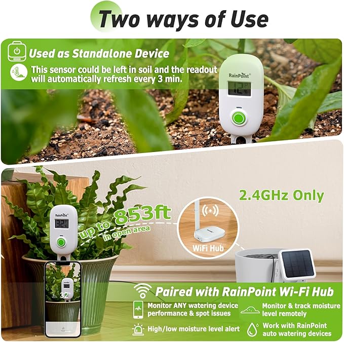 RAINPOINT Smart Digital Wireless Plant Moisture Meter Houseplants Indoor WiFi Hub Kit with Low/High Moisture AlertReal-time Monitor Hygrometer Sensor Outdoor Gardening Push Notification&ampEmail