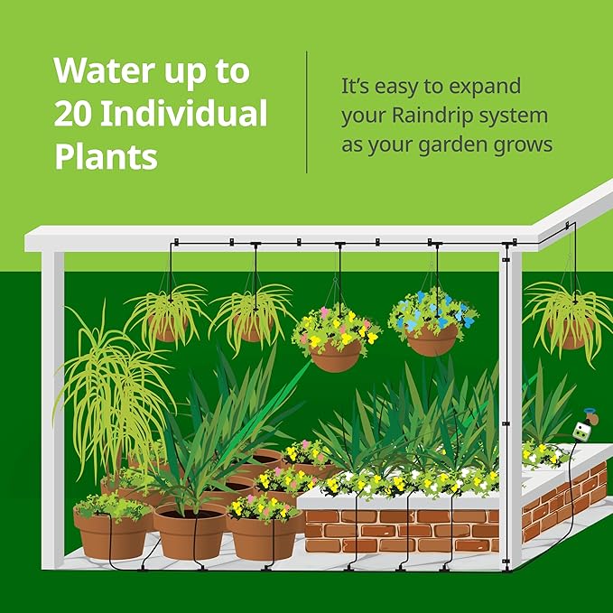 Raindrip R560DP Drip Watering System Automatic Drip Irrigation System with Timer for Containers and Hanging Baskets Waters up to 20 Plants Includes 20 Drippers Black