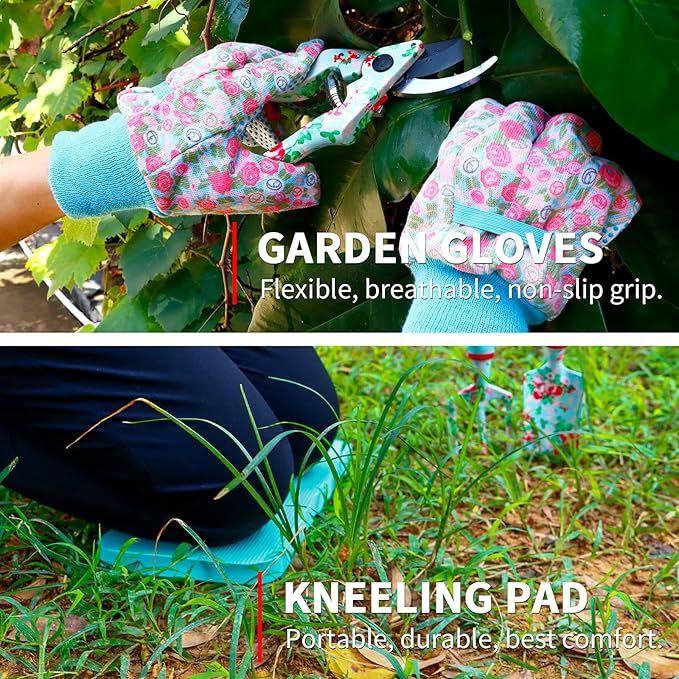 JUMPHIGH Floral Garden Tools Set 11 PCS Heavy Duty Gardening Tools Includes Hand Trowel Rake Weeder Pruner Sprayer Gardening Gifts for Women Garden Kit with Storage Tote Bag and Garden Gloves