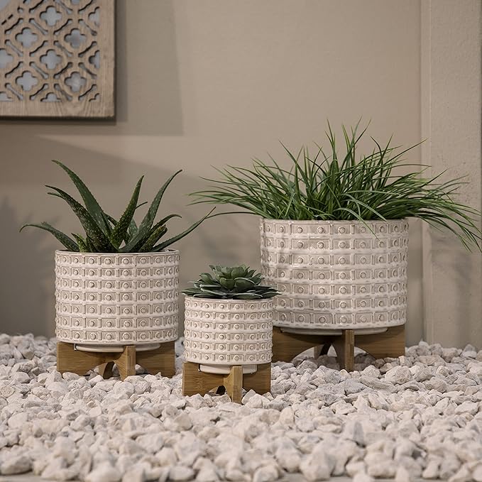 Generic 10 Dotted Planter WWood Stand Ivory Beige