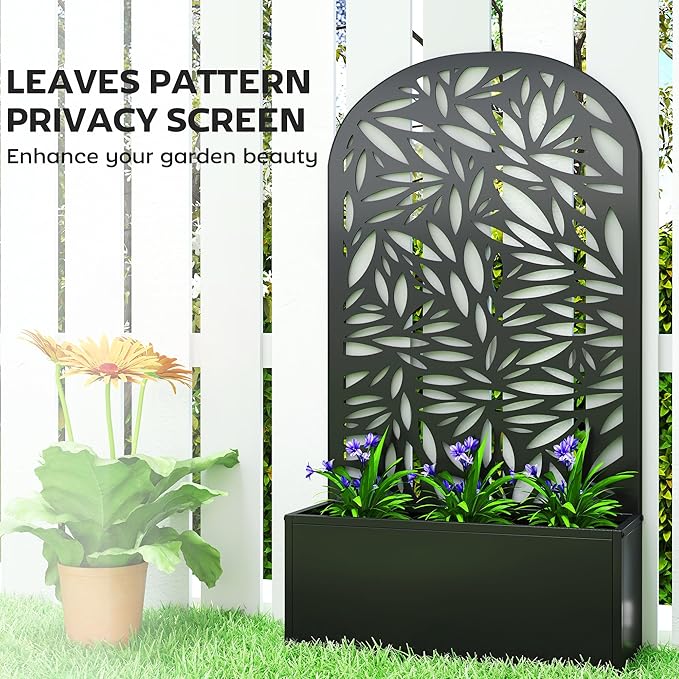 Outsunny Metal Raised Garden Bed with Trellis for Climbing Plants Freestanding or Wall Mounted Flower Bed with Cueved Privacy Panel Leaves Cut-Out Outdoor Planter Box for Garden Patio Balcony