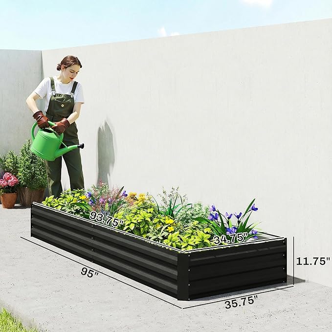 Outsunny Galvanized Raised Garden Bed 8' x 3' x 1' Metal Planter Box for Growing Vegetables Flowers Herbs Succulents Black