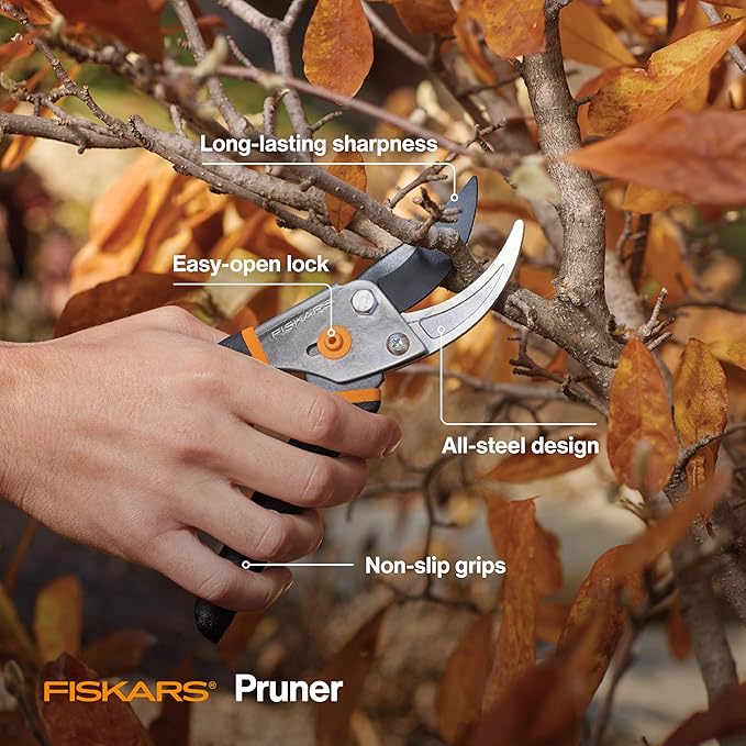 Fiskars House Plant Starter Tool Gift Set with Bypass Pruner Trowel Cultivator and L/XL Garden Gloves Accessories for Indoor Gardening (4 Piece Kit)