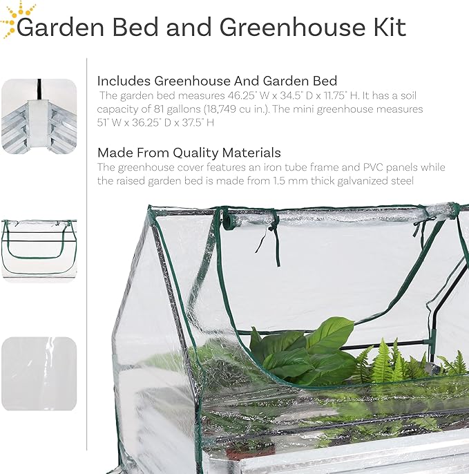Sunnydaze Steel Raised Garden Bed with Mini Greenhouse - Outdoor Greenhouse Kit - 2 Zippered Doors - Clear - 4' x 3'