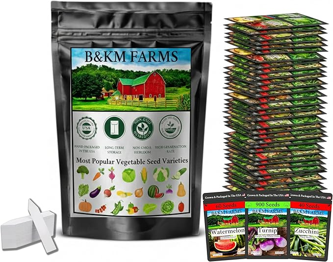 B&ampKM Farms Vegetable &amp Herb Seed Collection - 40 Varieties 80 Packets 90000+ Heirloom Non-GMO Seeds Resealable Storage Packaging (80 Pack: The Ultimate Survival Vault)