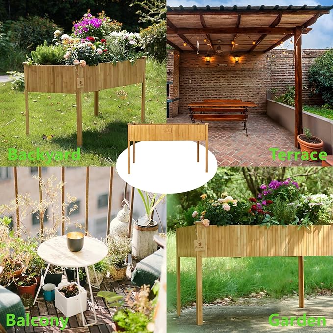 Raised Garden Bed 48x25x30 Inch Raised Bed Elevated Bamboo Planter Box with Legs Standing Growing Bed for Growing Fresh Herbs Vegetables Succulents Flowers