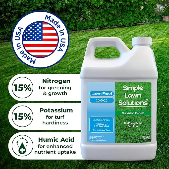 Superior 15-0-15 Liquid Lawn Fertilizer - Lawn Food for Growth &amp Green - Nitrogen Potassium Humic Fish &amp Seaweed - Any Grass Type- Simple Lawn Solutions - All Season- Concentrate (64 Ounce)