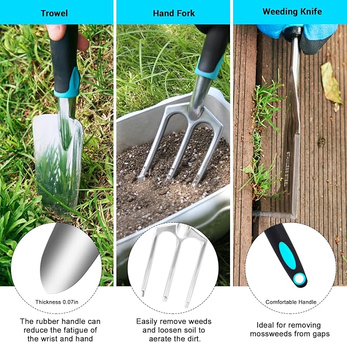Garden Tool Set with Non Slip Rubber Grip11 Piece Stainless Steel Gardening Tool SetsHeavy Duty Outdoor Hand Tools KitDurable Tote BagRepotting matUprooting Weeding ToolIdeal Gifts for Women Men