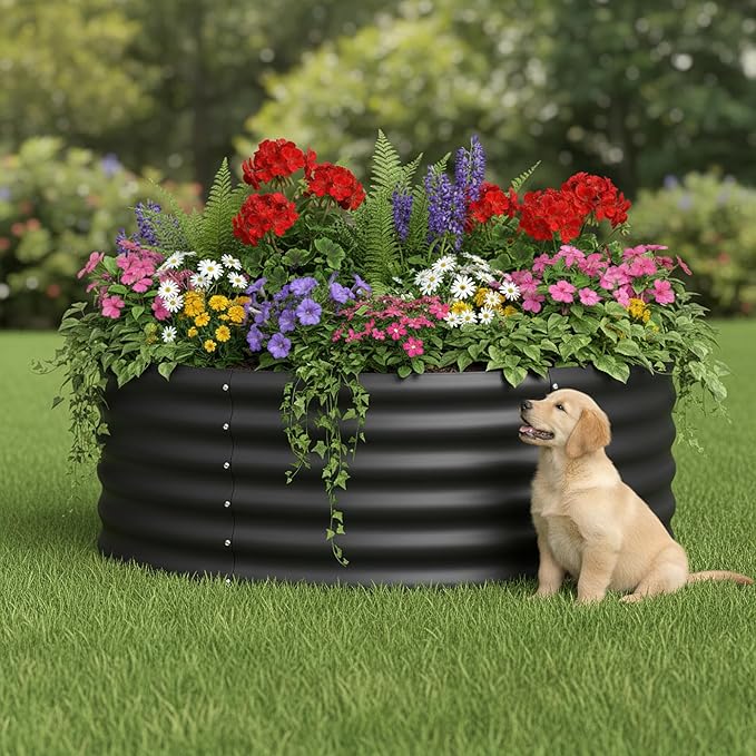 DDK Galvanized Raised Garden BedRound Outdoor Planter Bed 4x4x1.5ft Metal Planter Box for Gardening and PlantingBK