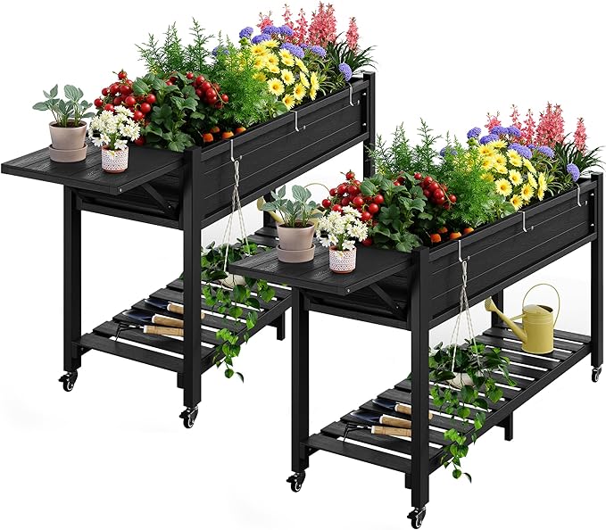 YEFU Raised Garden Bed with Legs: 57x18x30in Elevated Poly Planter with WheelsWaterproof Mobile Raised Bed Garden Elevated Planter Box Stand with Storage ShelfFor DeckPatioPorchYard (Black2pcs)
