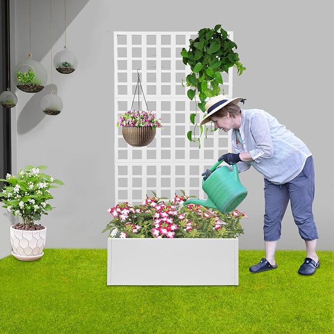 Metal Planter Box with Trellis Raised Garden Bed with Trellis 71x 35x 16 Multifunctional Privacy Screen Planter Box for Climbing Plants Vegetables Vines Indoor/Outdoor (White)
