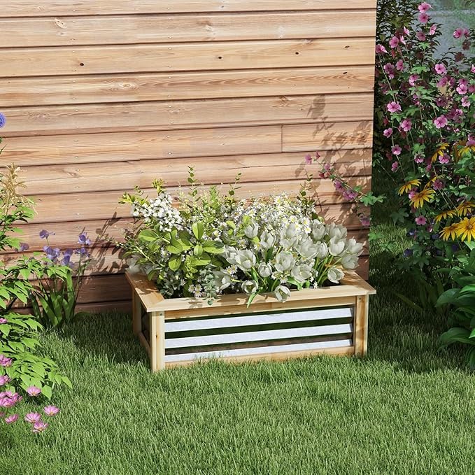 Raised Garden Bed Kit - Reinforced Metal &amp Wood Planter for Flowers Herbs &amp Vegetables