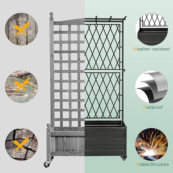 Metal Planter Box with Lattice Trellis and Wheels 70 inches Tall Heavy Duty Planter Box &amp Raised Garden Bed with Trellis for Climbing Plants Flowers with Drainage Holes 30Lx12Wx70H Inches