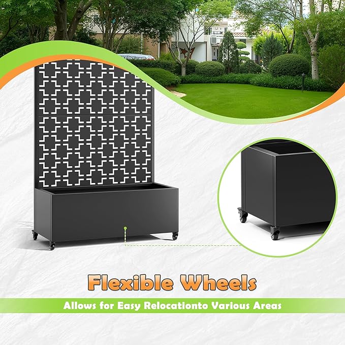 Metal Raised Garden Bed with Trellis 2-in-1 Planter Box &amp Privacy Screen for Climbing Plants Outdoor Standing Flower Bed with Drainage Holes 35.4 L x 15.7 W x 70.1 H Black-Square