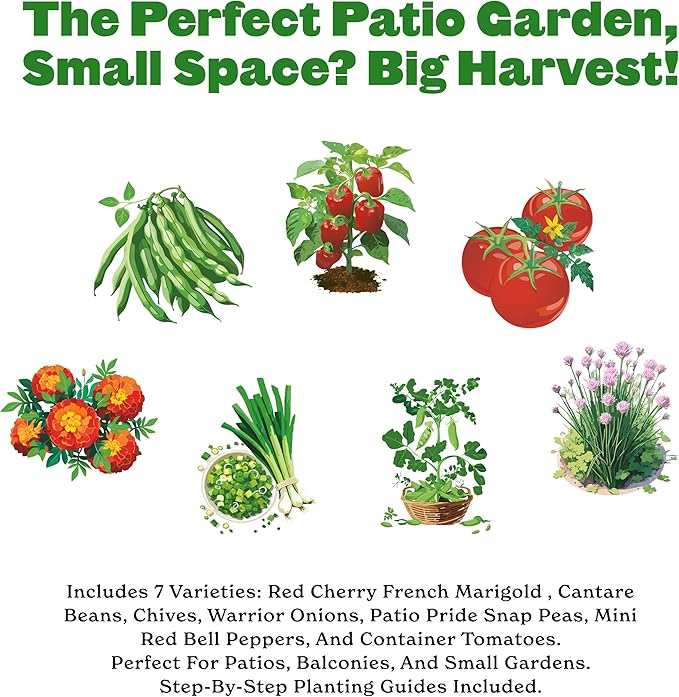 Epic Gardening Beginner Patio Garden Seed Kit - 7 Compact Varieties for Small Spaces Includes Peppers Beans Tomatoes &amp Flowers Non-GMO Seeds for Urban Gardening in Containers or Balconies