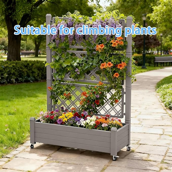 Mobile Garden Planter with Trellis &amp Lockable Wheels Outdoor Raised Bed with Drainage &amp Water Gauge Weather-Resistant Resin for Patio Balcony Yard Dust-Resistant (Grey 43.43*18.27*64.29)