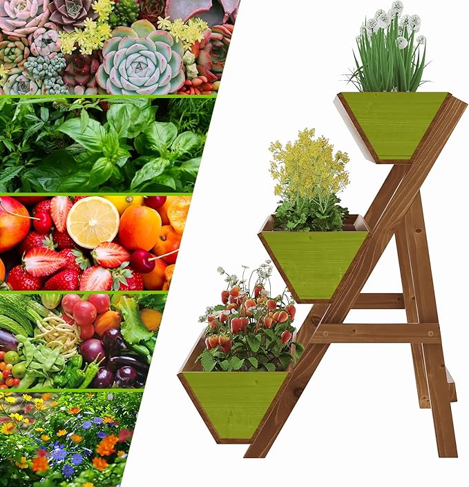 3-Tiers Wooden Raised Garden Bed Tiered Planter Box Flower Pots Vertical Garden Planter Wood Plant Stand for Vegetables Flowers Herbs for Patio Balcony Freestanding (Brown L)