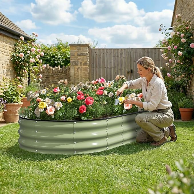 Kesfitt Raised Garden Bed 6x3x1 FT Galvanized Steel Metal Raised Garden Bed Oval Open-Bottom Design 12-Inch Deep for Outdoor Vegetable &amp Herb Gardening Fruit Green