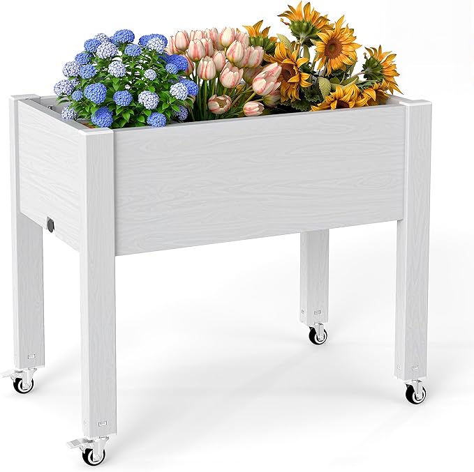 14 Gallon Raised Garden Bed with Wheels and Legs for Mobility Self-Watering Raised Planter Box with Drainage Plug and Gauge Durable Dust-Proof Resin for Garden Patio Balcony and Backyard