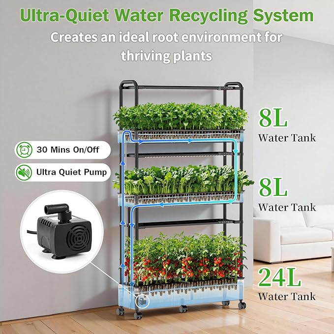Large Hydroponics Growing System Kit 90 Pods Vertical Indoor Herb Garden Kit with 2 Light Modes &amp Auto Circulating Water System 40L Movable Indoor Gardening System for Herb Vegetable Fruit