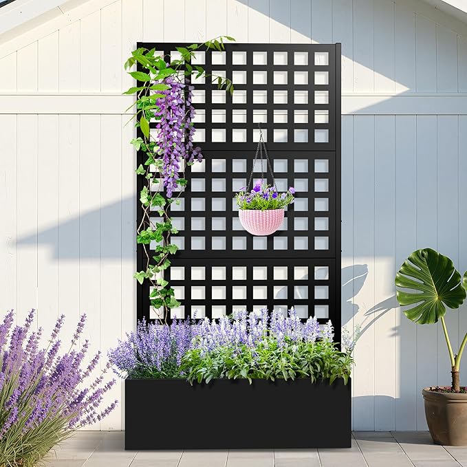 Metal Planter Box with Trellis Planter Box with Privacy Screen Privacy Trellis Outdoor for Climbing Plants with Drainage Holes Raised Garden Bed for Vegetables