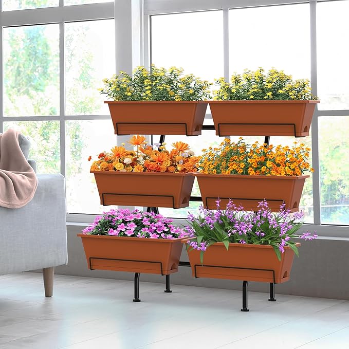 Sunexinlo 3-Tier Vertical Garden Planter with 6 Boxes 31 Tall Raised Garden Bed with Adjustable Feet for Herbs Flowers Vegetables Ideal for Indoor Outdoor Patio Balcony Deck Use Brick Red