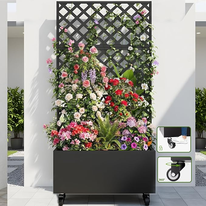 Metal Planter Box with Trellis and WheelsRaised Garden Bed with Trellis72 Tall Privacy Screen with Planter Box and Drainage HolesPlant Trellis for Climbing Plants OutdoorVegetablesVines