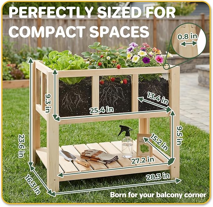 Raised Garden Bed for Small Balcony 28.3''x16.3''x23.6'' Wood Planter Box with Transparent Window Drainage Holes Storage Shelf Garden Beds Flower Stand Patio Kitchen Gift for Gardening