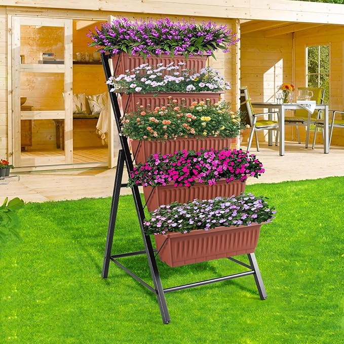 TEANDE Vertical Raised Garden Bed 5-Tier Elevated Planter Box w/Drainage System &amp 4 Hooks for Herbs Vegetables Flowers Vertical Garden Planter for Patio Yard Indoor Outdoor
