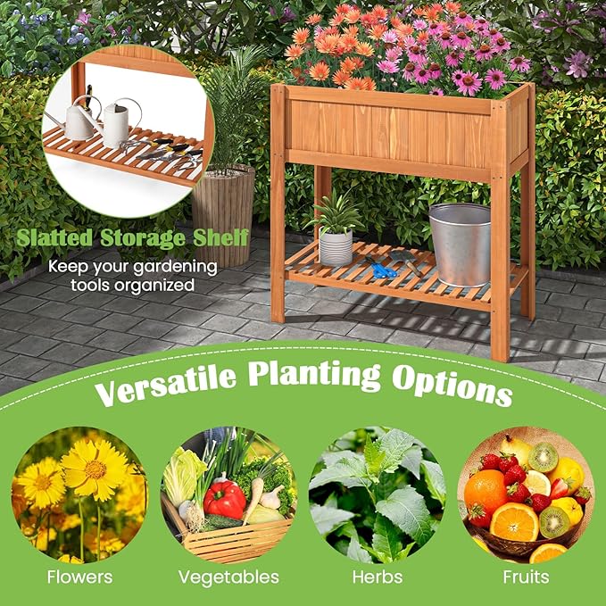 COSTWAY Raised Garden Bed Wood Planter Box with Storage Shelf and for Vegetables Flowers &amp Herbs 2-Tier Elevated Garden Planter Bed for Backyard Patio Balcony Greenhouse 39 x 20 x 39