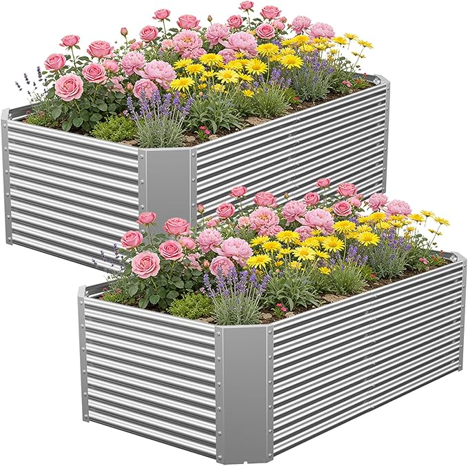 2 Pack 4x2x1.4 ft (16 Tall) Galvanized Steel Raised Garden Bed Large Metal Planter for Vegetables Herbs &amp Flowers Durable Outdoor Garden Box for Yard Terrace and Balcony