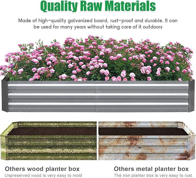 Galvanized Raised Garden Bed 6x3x1 ft Raised Beds for Gardening Outdoor Raised Bed Kit with Metal Pole Reinforcement Anti-Rust Metal Planter Raised Beds for Flowers Vegetables Silver