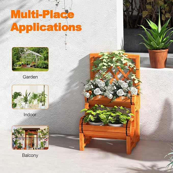 HAPPYGRILL Raised Garden Bed 2-Tier Planter with Trellis &amp 2 Planter Boxes for Climbing Plants Flower Herb Growing Indoor &amp Outdoor Planter Raised Bed for Yard Patio