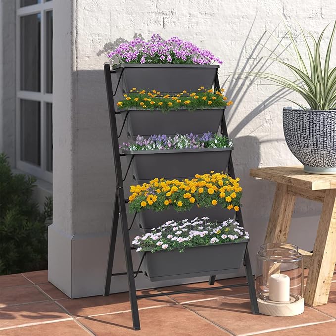 COSTWAY Vertical Raised Garden Bed 5 Tier Planter Box with Drainage Holes for Vegetables Grass Flowers Freestanding Garden Planter Indoor Outdoor Patio Balcony Greenhouse