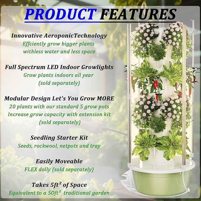 Vertical Aeroponic Tower Indoor Herb Garden with Movable Tank Led Grow LightsHydroponic Tower Smart Home Hydroponics System for Flowers Salads Vegetables 5layers