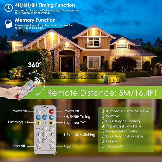 B-right Solar Spot Lights Outdoor 8 Modes IP65 Waterproof Solar Powered Garden Spotlights 4-in-1 Landscape Lighting Auto On/Off with Remote + 2 * 6.56ft Extension Cable IP65 Waterproof Extension Cord