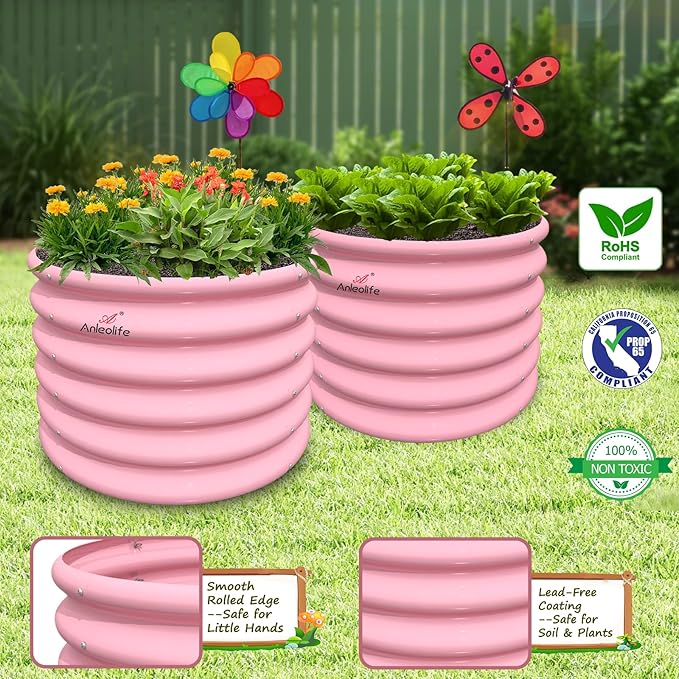 A ANLEOLIFE 5-Pack 18in Tall Kids Mini Raised Garden Beds Outdoor 40x24in Oval &amp 24x24in Round Galvanized Metal Planter Box for Planting Vegetables Flowers Fruits Eco-Safe &amp Easy Setup
