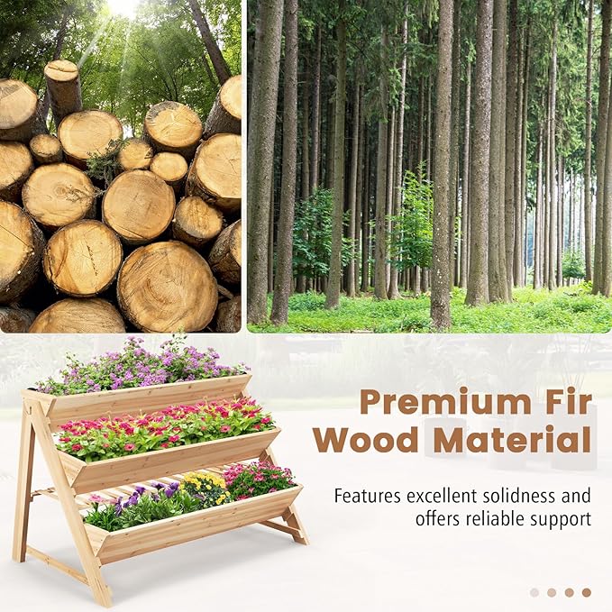 3 Tiers Raised Garden Bed Wooden Garden Bed Elevated Garden Planter with Storage Shelf Bed Liner &amp 2 Hanging Hooks Fir Wood Vertical Planter Bed for Patio Yard Balcony &amp Deck