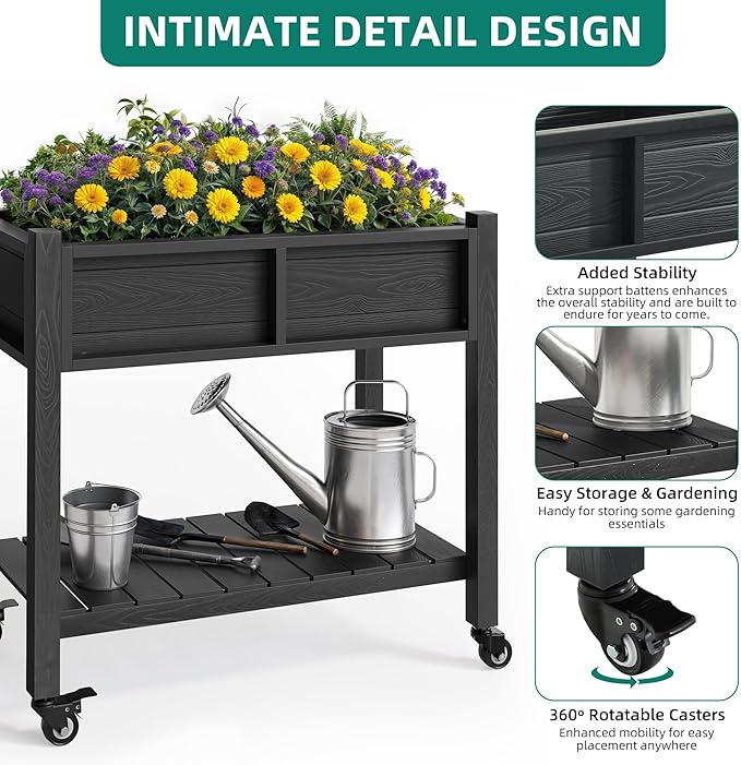 YITAHOME Raised Garden Bed HIPS Poly Wood Elevated Planter Box with Shelf &amp Wheels for Mobility Small Flower Box Stand for Patio Balcony Garden Backyard Black