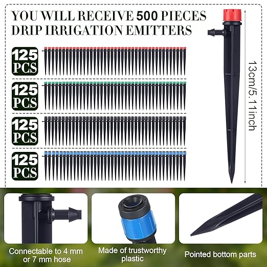 500 Pcs 5.2 Inch Drip Irrigation Emitters Adjustable Fan Shape Drip Emitters 360 Degree Water Flow Irrigation Drippers Sprayer for 1/4 Inch Tube Hose Garden Watering Kits Patio Lawn Flower Bed
