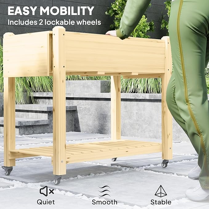 Optimal Elevated Garden BedWood Raised Planter Boxwith Lockable WheelsSide TablesBottom ShelfDrain Holes