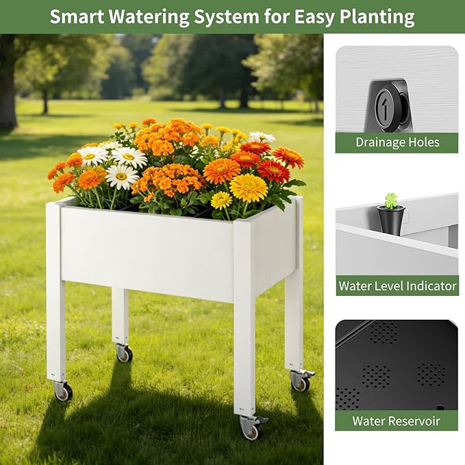 Miory Raised Garden Bed with Wheels Mobile Raised Planter Elevated Garden Bed with Water Level Monitor and Drainage System Planter Box for Garden Outdoor Patio Balcony