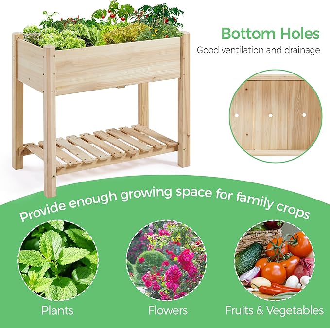 Yaheetech 34x18x30in Horticulture Raised Garden Bed 2pcs Planter Box with Legs &amp Storage Shelf Wooden Elevated Vegetable Growing Bed for Flower/Herb/Patio/Balcony Natural Wood