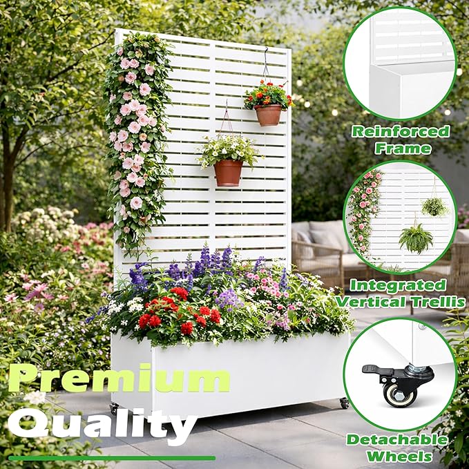 Metal Planter Box with Trellis 43” L x 16” W x 71” H Raised Garden Bed with Wheels Privacy Planters for Patio Metal Planter Box with Drainage Holes White